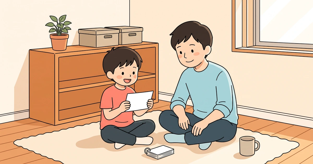 リビングの窓ぎわで無地の単語カードを声に出して読む小学生と、となりで聞く保護者