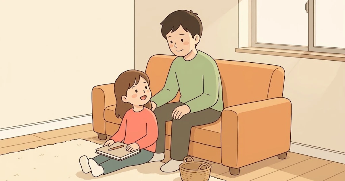 リビングのソファの前に座り、閉じたノートを手にこれからの予定を父親に話す高学年の娘